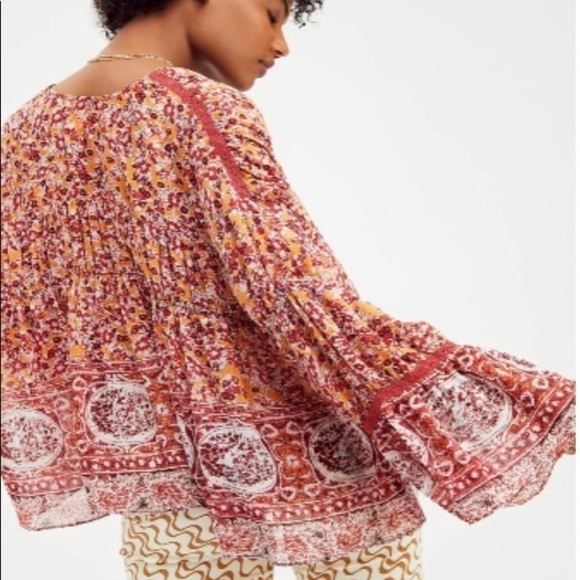 Free People‎ Boho Floral Blouse Women's Size XS Bell Sleeve Peasant Top Comfy - Picture 2 of 15